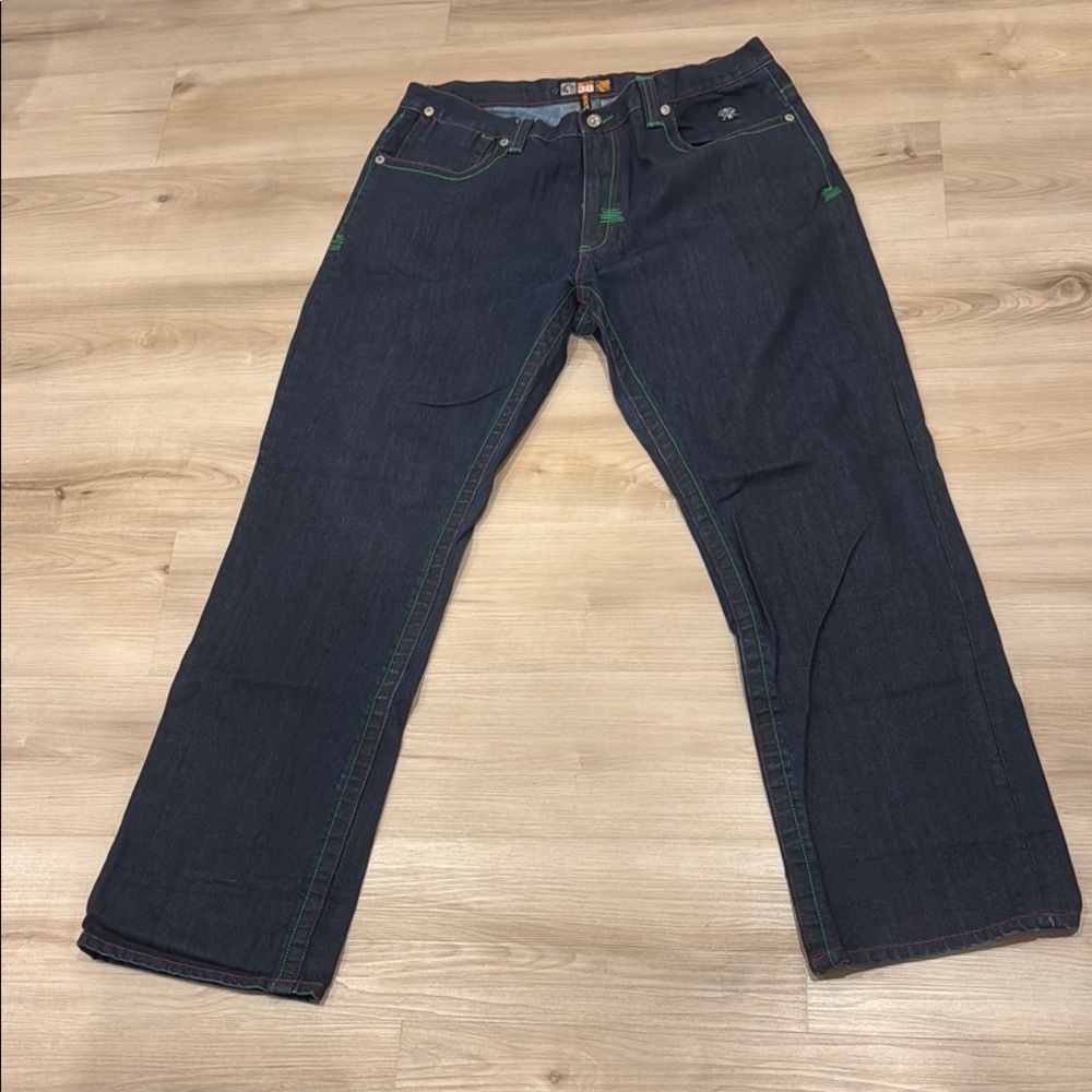 Vintage Y2K Akademiks Men's Dark Blue Wide leg Jeans Size 38 green/red stitching